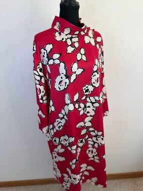 Zara Red Floral Shift Dress Large Mock Neck Button Shoulder Midi Dress